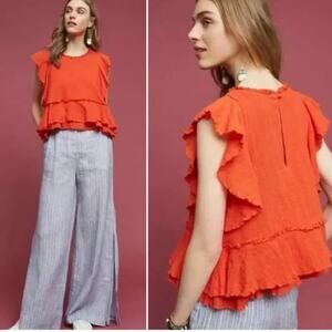 Anthropologie‎ Top Womens Extra Small Maeve Cascade Ruffle Tiered Peplum Red